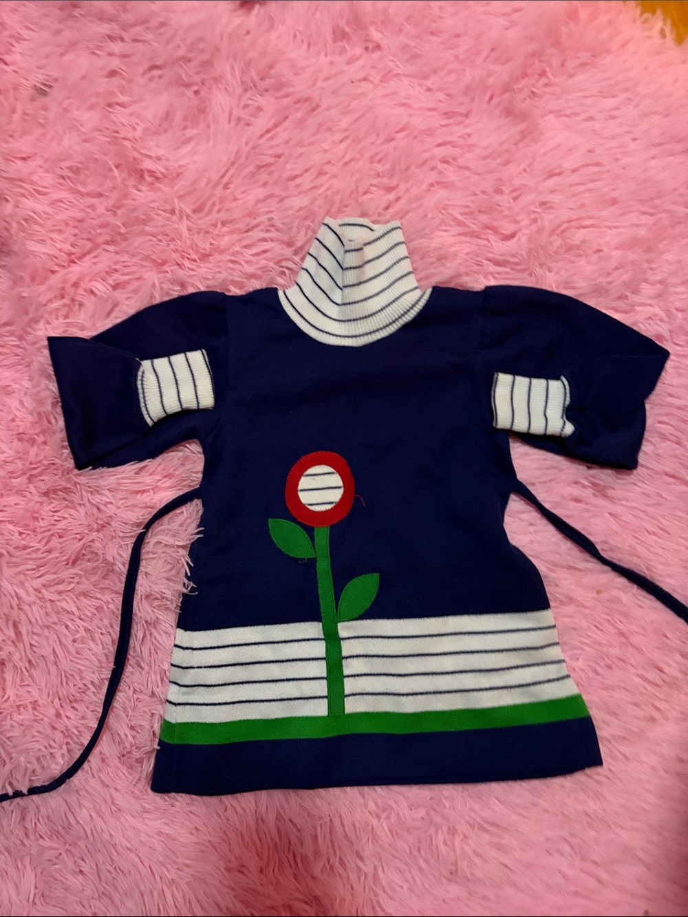 Kids Navy Blue Striped Turtleneck Tunic with Flower Appliqué
